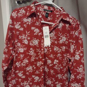 Ralph Lauren long sleeve button down red floral blouse